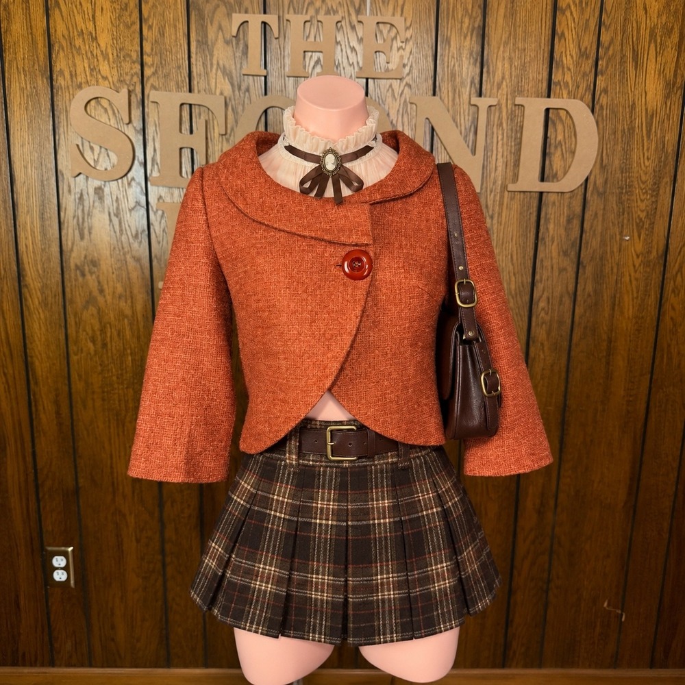 Orange Tweed Cropped Blazer Young Essence Womens S Retro 60s Mod Academia